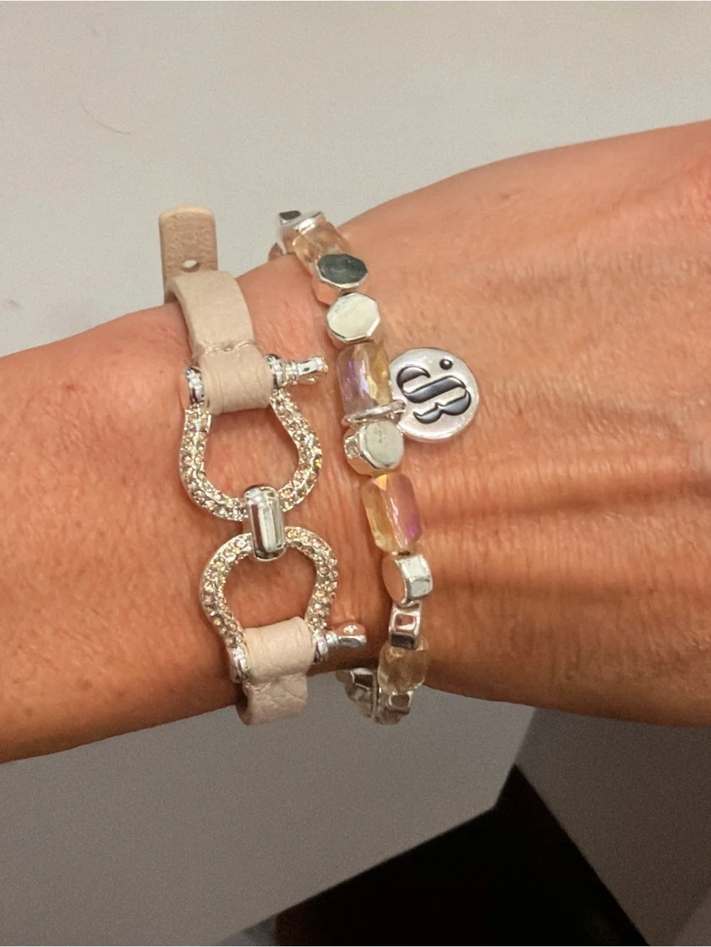 Beige Leather Bracelet with Iridescent Bead Stack - BP NWOT!